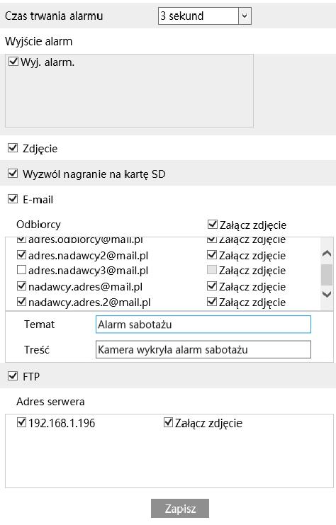 Reakcje alarmowe: Wyjście alarmowe - zaznaczenie tej opcji włączy funkcję sterowania wyjściem alarmowym kamery.