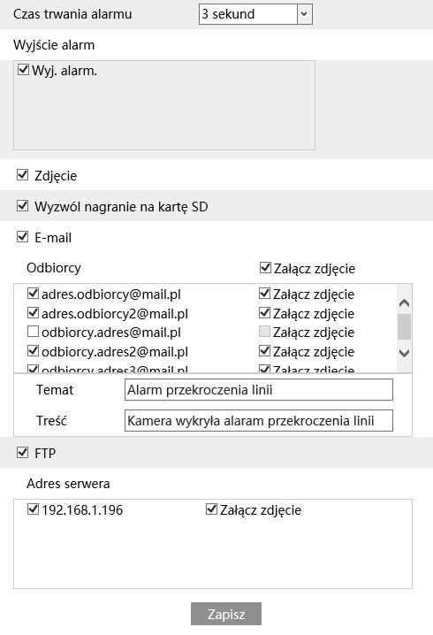 Reakcje alarmowe: Wyjście alarmowe - zaznaczenie tej opcji włączy funkcję sterowania wyjściem alarmowym kamery.