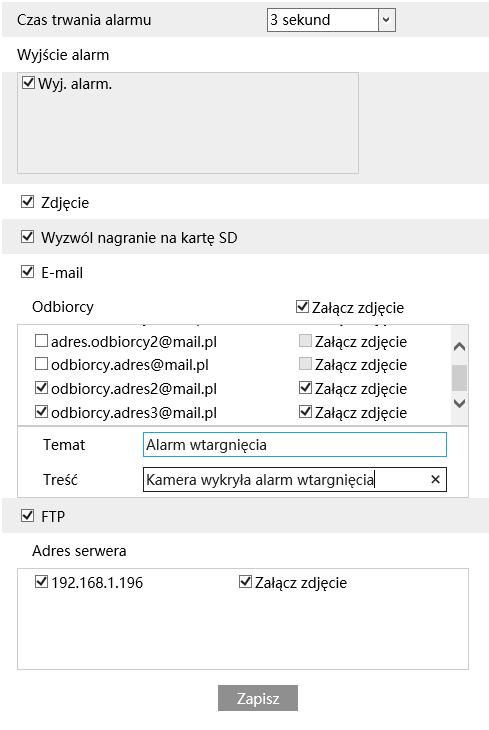 Reakcje alarmowe: Wyjście alarmowe - zaznaczenie tej opcji włączy funkcję sterowania wyjściem alarmowym kamery.