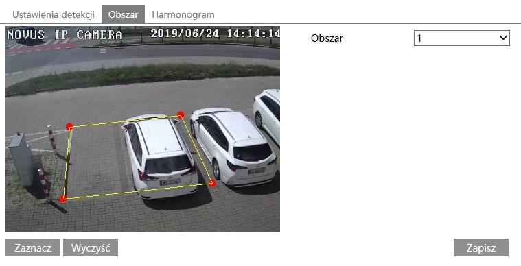 6.3. Obszar W celu zdefiniowania obszarów wtargnięcia należy w menu kamery w sekcji Ustawienia => Analiza obrazu => Wtargnięcie wejść w zakładkę Obszar.