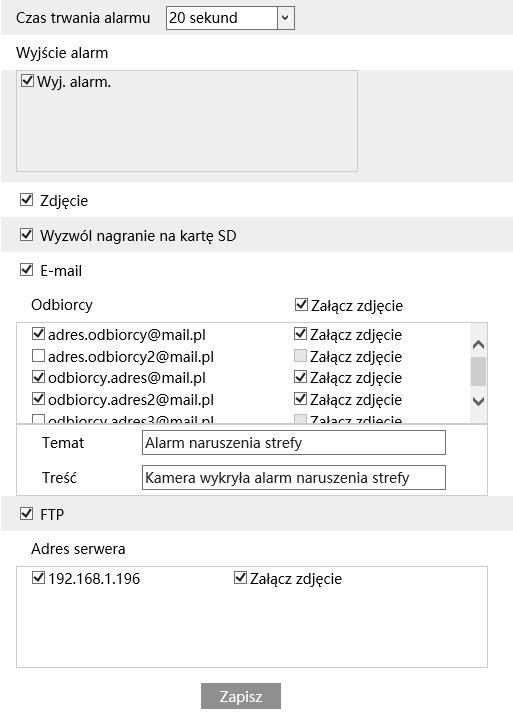 Reakcje alarmowe: Wyjście alarmowe - zaznaczenie tej opcji włączy funkcję sterowania wyjściem alarmowym kamery.