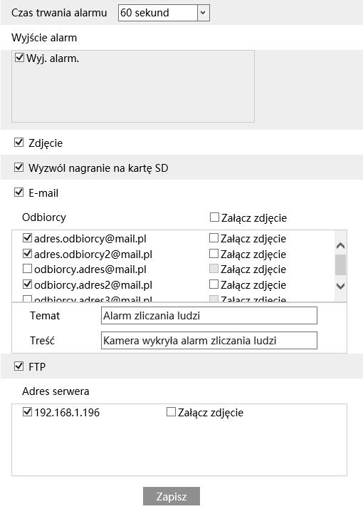 Reakcje alarmowe: Wyjście alarmowe - zaznaczenie tej opcji włączy funkcję sterowania wyjściem alarmowym kamery.
