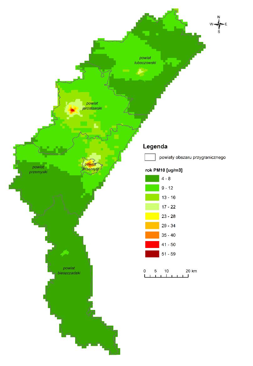 rys. 2.3.13. przedstawiono rozkład stężeń średniorocznych pyłu PM10 w obszarze przygranicznym w 2015 r. Przemyśl Jarosław Rys. 2.3.12.