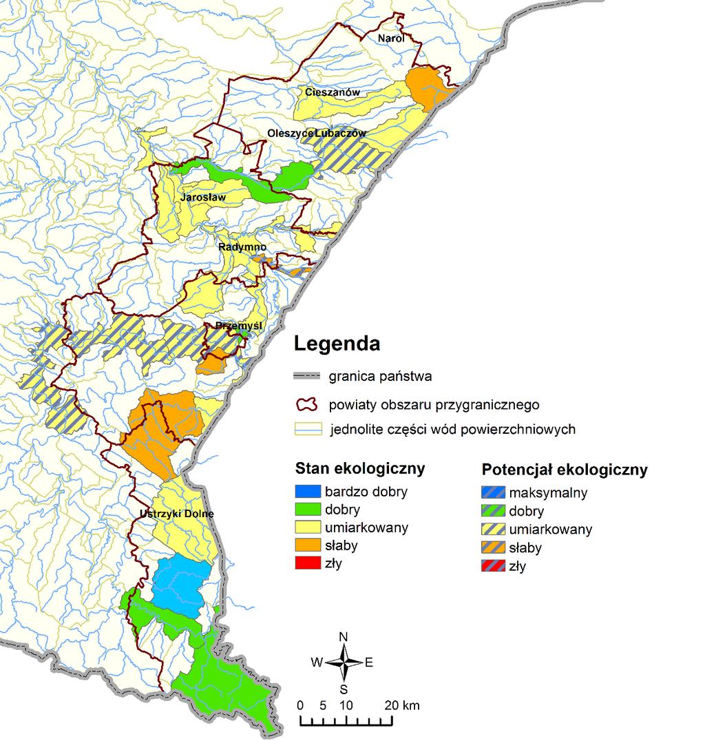 Rys. 3.1.1.5. Wyniki klasyfikacji stanu i potencjału ekologicznego w jednolitych częściach wód powierzchniowych, obszar przygraniczny 20