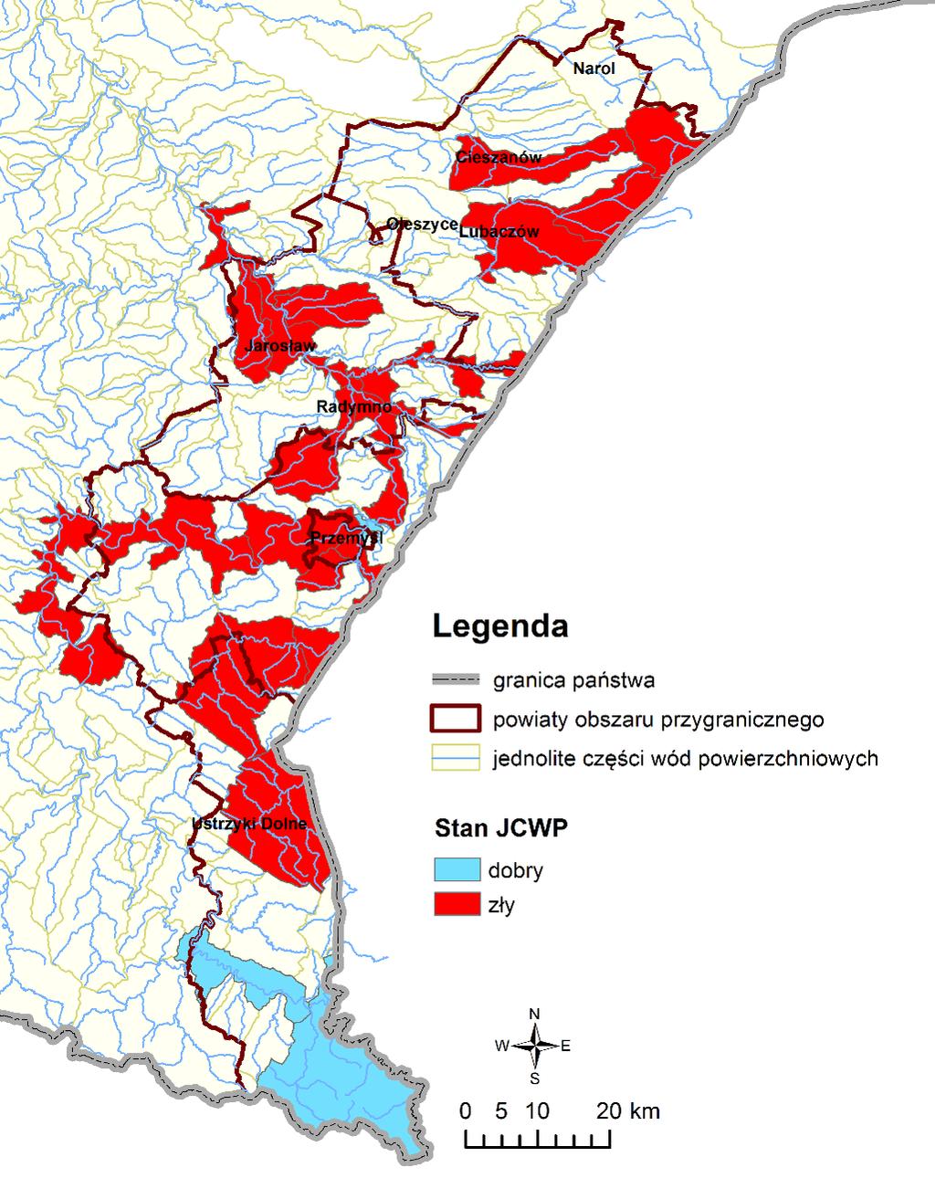 Rys. 3.1.4.1.Wyniki oceny stanu jednolitych części wód powierzchniowych, obszar przygraniczny 2015r. (źródło: [8], [14]) 3.2. JAKOŚĆ WÓD GRANICZNYCH Z UKRAINĄ W 2015 r.