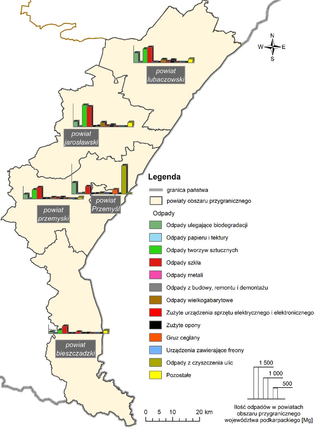 Rys. 6.4. Struktura odpadów komunalnych zebranych selektywnie i wysegregowanych z odpadów komunalnych na terenie powiatów obszaru przygranicznego, 2015r.