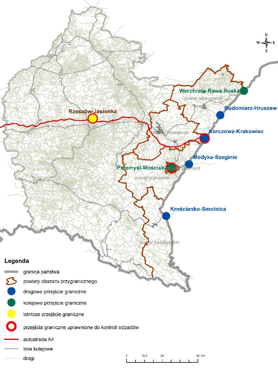 Na rys.7.1. przedstawiono rozmieszczenie przejść granicznych na terenie województwa podkarpackiego. Rys. 7.1. Rozmieszczenie przejść granicznych; województwo podkarpackie 2015 r.