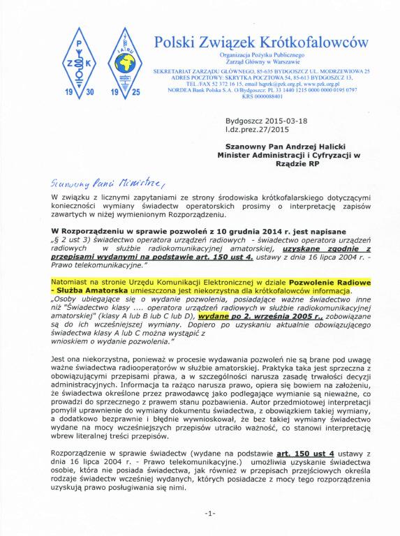 Załącznik Nr1: Pismo do Ministerstwa