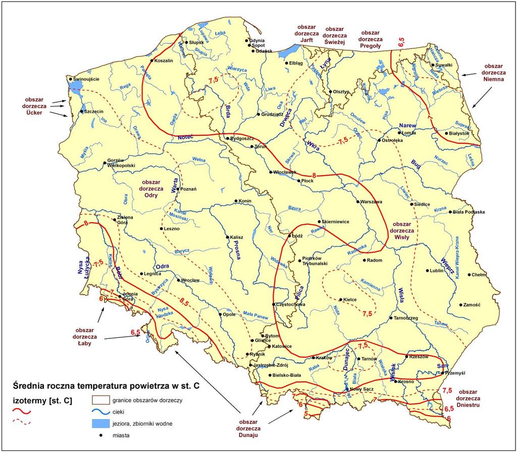 niskiej temperatury dobowej, występowanie dób tropikalnych (Kossowska-Cezak, Wawer 2014 r.) 44. Obserwuje się nasilanie się dynamiki zmian termicznych w kraju.