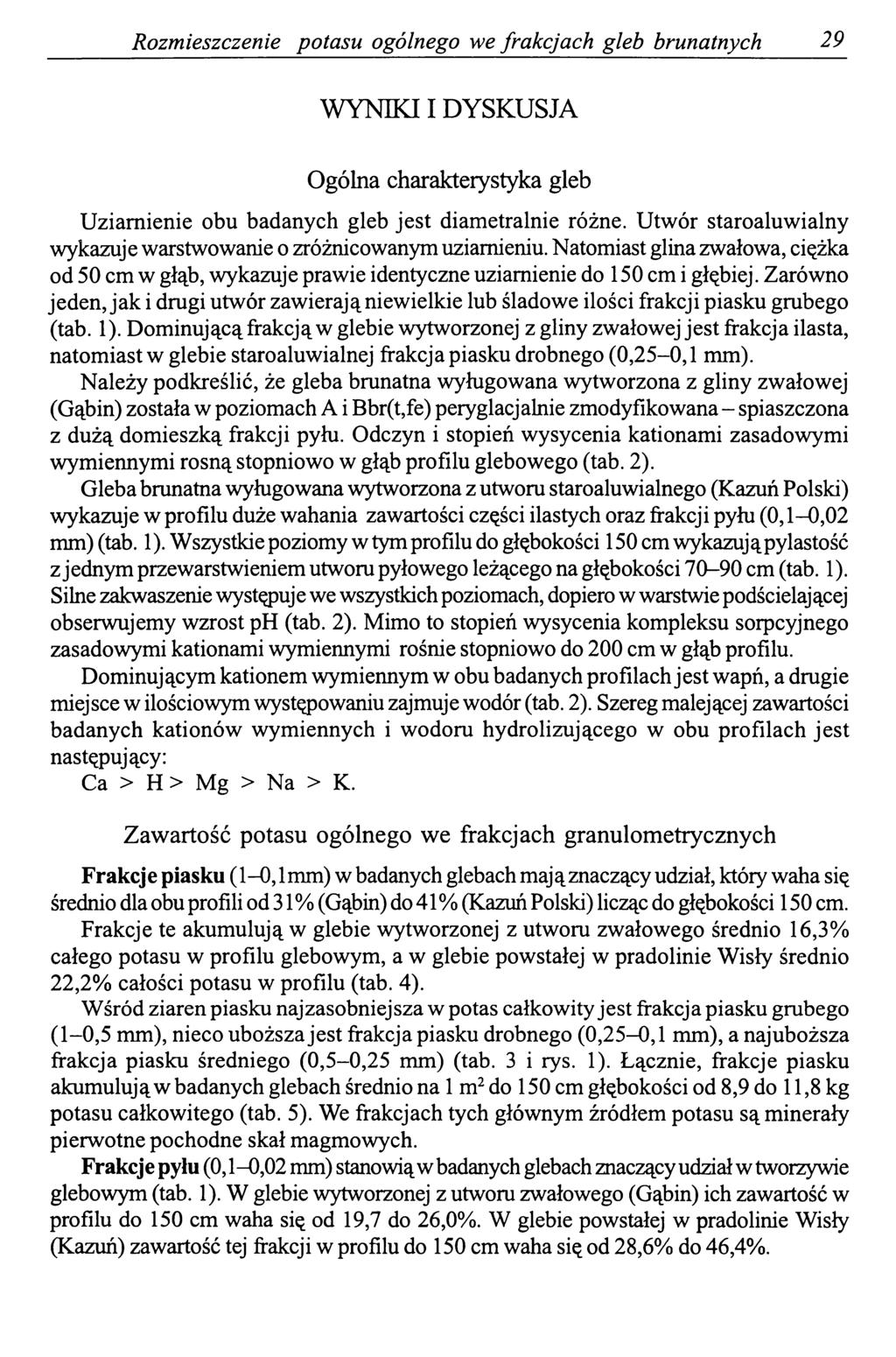 Rozmieszczenie potasu ogólnego we frakcjach gleb brunatnych 29 WYNIKI I DYSKUSJA Ogólna charakterystyka gleb Uziamienie obu badanych gleb jest diametralnie różne.