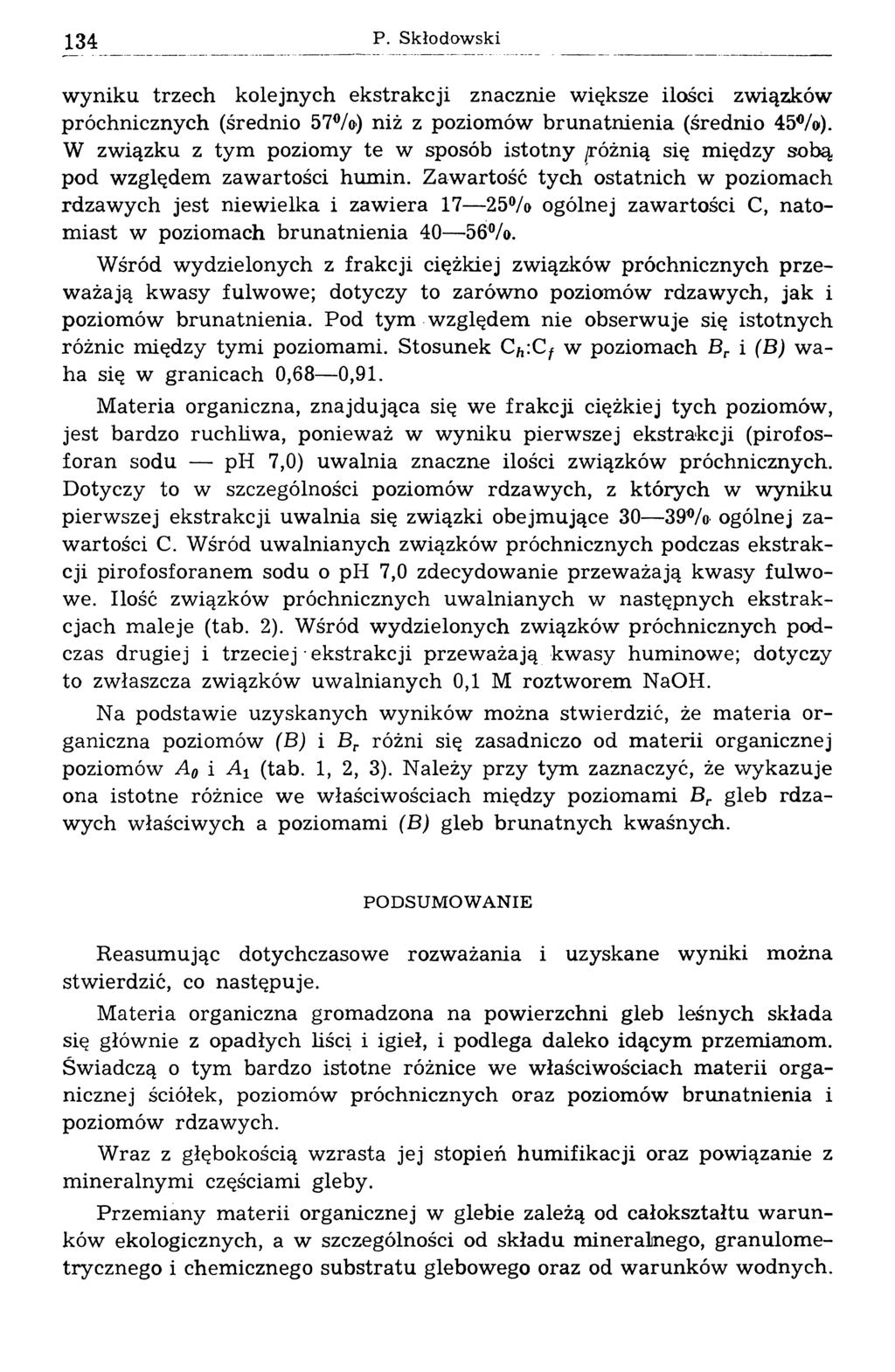 134 w yniku trzech kolejnych ekstrakcji znacznie większe ilości związków próchnicznych (średnio 57%) niż z poziomów brunatnienia (średnio 45%).