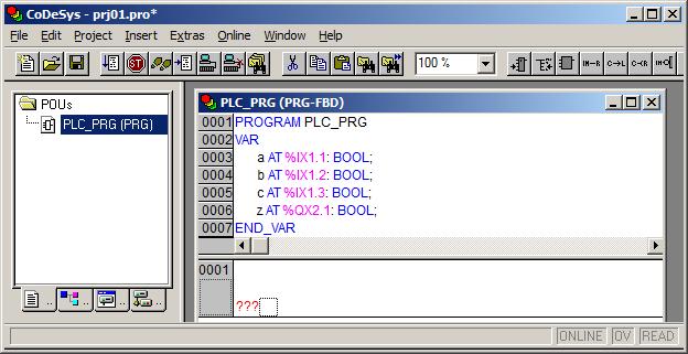 CODESYS PIERWSZY PROGRAM 5 Zgodnie z treścią zadania w programie należy zdefiniować 4 zmienne o rozmiarze 1 bitu zmienne takie muszą być zadeklarowane jako zmienne boolowskie, tzn. zmienne typu BOOL.