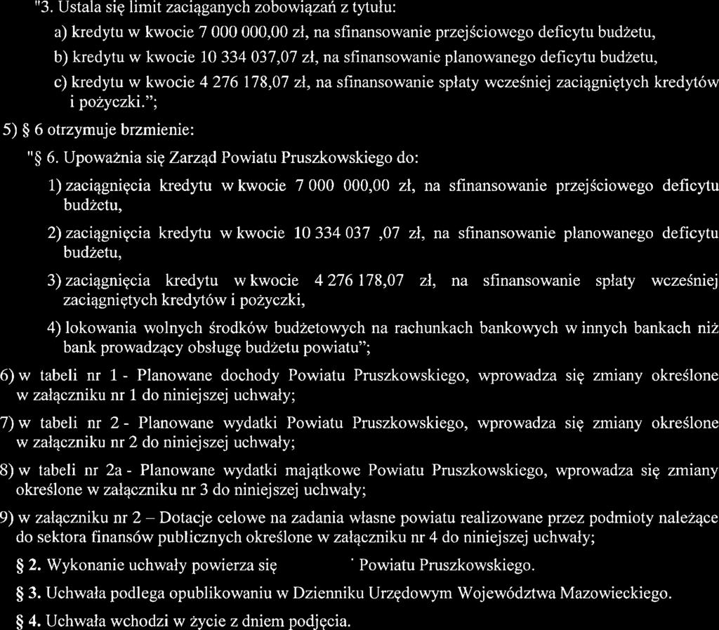 11 3. Ustala się limit zaciąanych zobowiązań z tytułu: kredytu w kwocie 7, zł, na sfinansowanie przejścioweo deficytu budżetu, b) kredytu w kwocie 1 334 37,7 zł, na sfinansowanie planowaneo deficytu