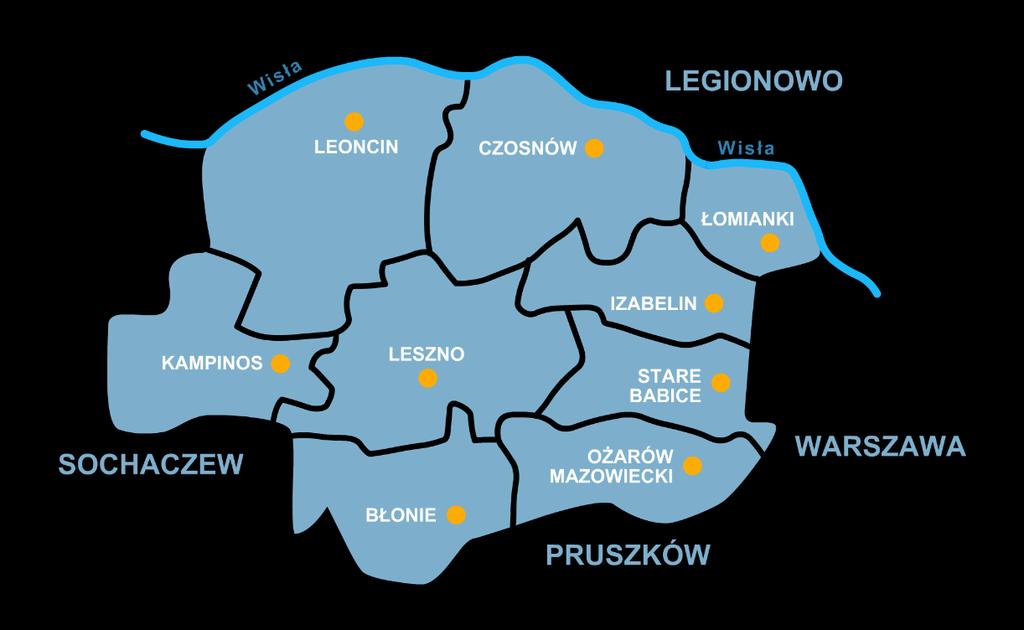 Kampinos, Leoncin, Leszno, Łomianki, Ożarów