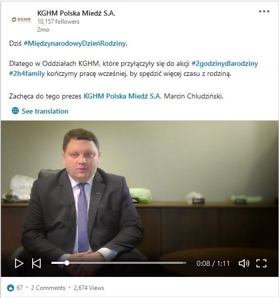 Komunikacja w social mediach Promocja akcji miała miejsce poprzez nagranie video z wypowiedzią prezesa KGHM Marcina Chludzińskiego umieszczonego