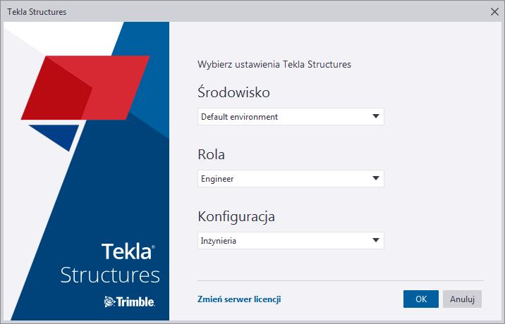 Zostanie wyświetlone okno dialogowe służące do wybierania ustawień Tekla Structures. 2. Wybierz środowisko pasujące do regionu, w którym jest realizowany projekt.