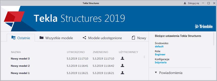 5. Kliknij OK. Zostanie wyświetlony ekran startowy Tekla Structures. 6. Wybierz co chcesz robić: Na karcie Ostatnie można otworzyć ostatnio używany model (strona 31).