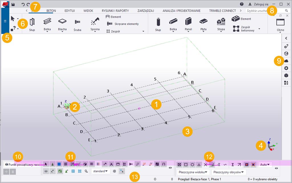 5 Zapoznanie się z interfejsem użytkownika Po otwarciu modelu Tekla Structures zostaje wyświetlone nowe okno.