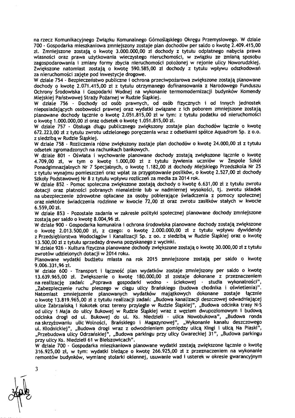 na rzecz Komunikacyjnego Zwi ązku Komunalnego Górno śląskiego Okręgu Przemys łowego. W dziale 700 - Gospodarka mieszkaniowa zmniejszony zostaje plan dochodów per saldo o kwot ę 2.409.415,00 zł.