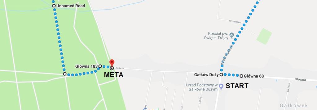 Główną (Będzelin), aż do Mikołajowa, następnie do wsi Pogorzałe Ługi, przecinamy drogę 716 i ul. Klonową (Nowe Chrusty), Rokicińską do wsi Stare Chrusty, drogą Polną do wsi Borowa (ul.