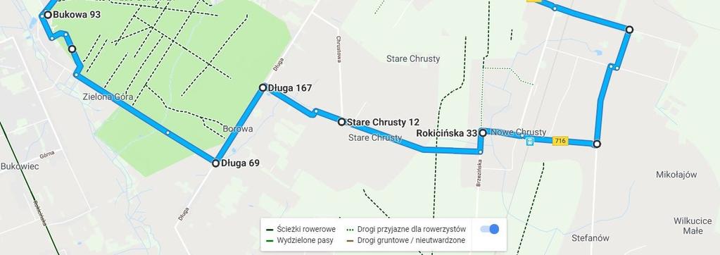 Głównej w Janówce przez przejazd kolejowy do ul. Graniczną i Bukową do ul. Łódzkiej, następnie ścieżką rowerową do wsi Gałków Mały następnie ul, Woska Polskiego do ul.
