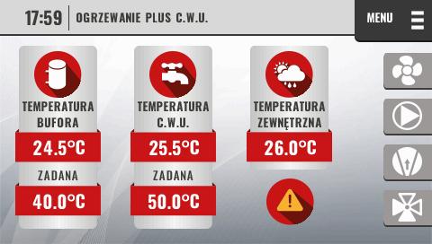 IV. OPIS EKRANU GŁÓWNEGO Sterowanie odbywa się za pomocą ekranu dotykowego. Widok ekranu głównego może się zmienić w zależności od wybranego trybu pracy. 1 2 3 4 5 6 7 11 10 9 8 1. Aktualna godzina 2.