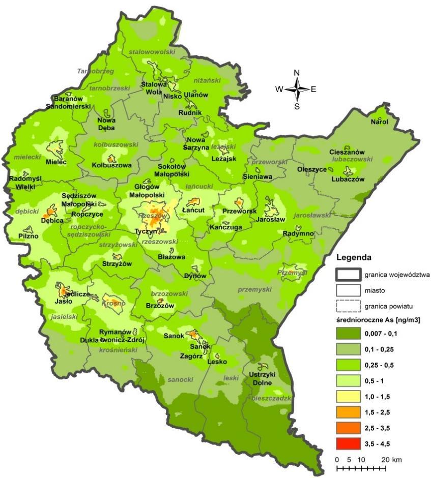 Rozkład stężeń średniorocznych arsenu w pyle PM10 w powietrzu w 2013 r. wyniki modelowania Rzeszów Wyniki modelowania potwierdziły dotrzymanie wartości dopuszczalnych obowiązujących dla arsenu.