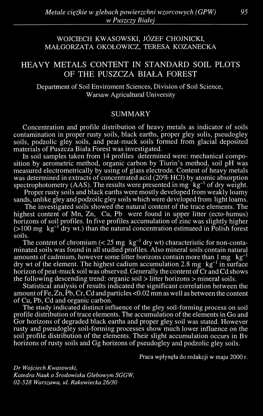 indicator of soils contamination in proper rusty soils, black earths, proper gley solis, pseudogley soils, podzolic gley soils, and peat-muck soils formed from glacial deposited m aterials of Puszcza