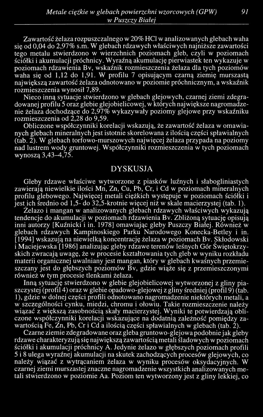 W yraźną akumulację pierwiastek ten wykazuje w poziomach rdzawienia Bv, wskaźnik rozmieszczenia żelaza dla tych poziomów waha się od 1,12 do 1,91.