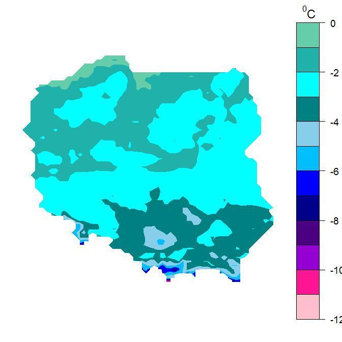 Tab. 9. Prognoza liczby dni z opadem o wysokości, co najmniej 1 mm (LD1) i co najmniej 5 mm (LD5) w II dekadzie października dla wybranych miast.