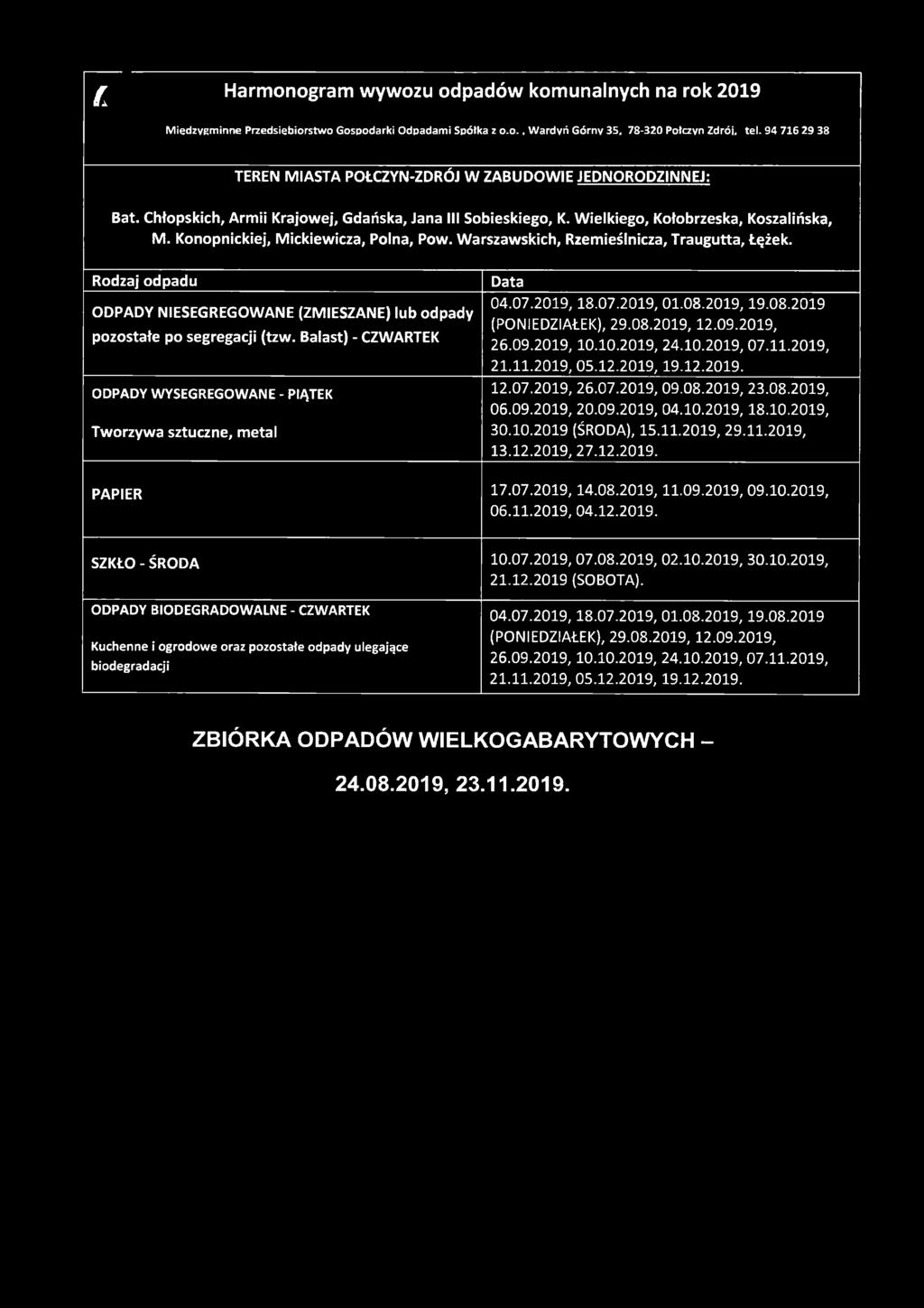 Konopnickiej, Mickiewicza, Polna, Pow. Warszawskich, Rzemieślnicza, Traugutta, Łężek. pozostałe po segregacji (tzw. Balast) - CZWARTEK 04.07.2019.18.07.2019, 01.08.2019,19.08.2019 (PONIEDZIAŁEK), 29.