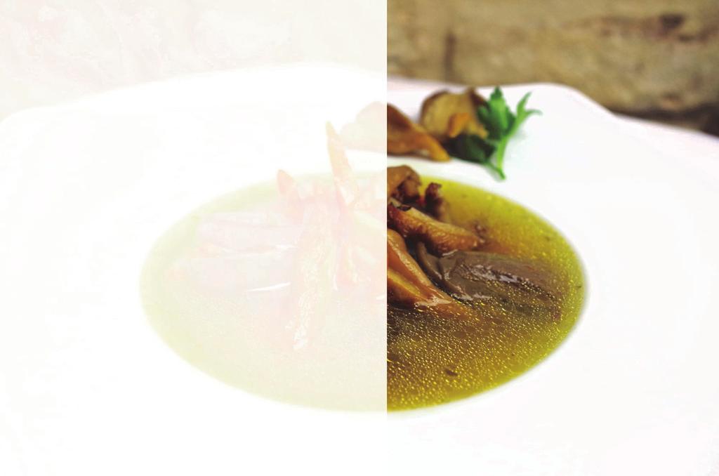 Złocisty bulion z soczystą pręgą wołową, świeżymi podgrzybkami, plastrami marchewki i zieloną pietruszką po żydowsku Jewish style mushrooms soup with juicy shin and fresh bay boletus 29,00 zł 300g
