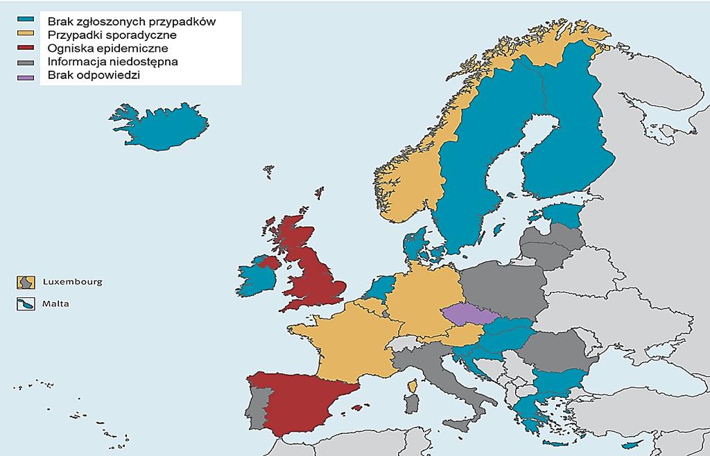 Rozkład geograficzny przypadków Candida auris (n = 620) zgłoszonych w krajach Unii Europejskiej, lata 2013 2017?