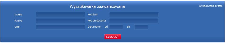Aby wyszukiwad produkty za pomocą wyszukiwarki zaawansowanej należy kliknąd w Wyszukiwanie zaawansowane w prawej części wyszukiwarki prostej, a następnie uzupełnid wybrane kryteria i zatwierdzid