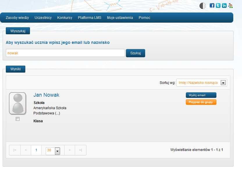 Wyszukiwanie uczniów Uczniowie nie mają dostępu do listy wszystkich uczniów w systemie, ale mogą wyszukać dowolnego ucznia pod warunkiem,
