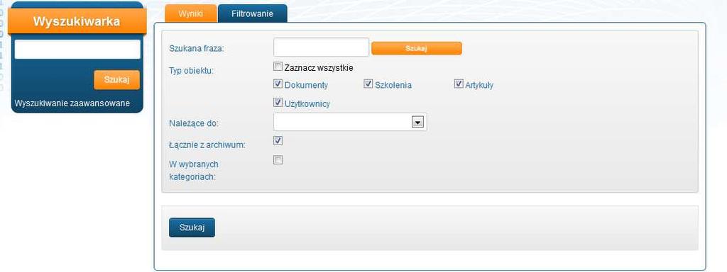 Wyszukiwarka W portalu dostępne są dwa rodzaje wyszukiwania: wyszukiwanie proste dostępne w panelu wyszukiwarka na większości stron portalu oraz wyszukiwanie zaawansowane dostępne po kliknięciu w