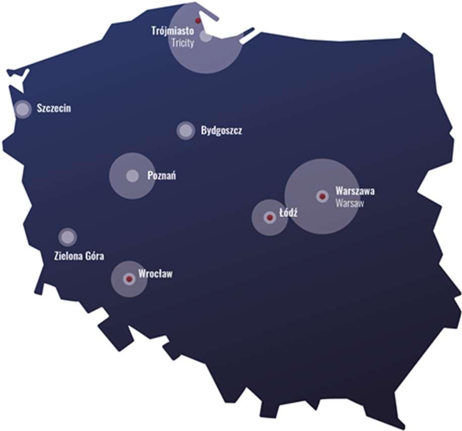 Skonsolidowany raport kwartalny za III kwartał 2017 roku Lokalizacja nieruchomości Grupy Kapitałowej w Polsce i w Warszawie Powierzchnia wynajmowalna brutto (GLA) i wskaźnik pustostanów Na dzień roku