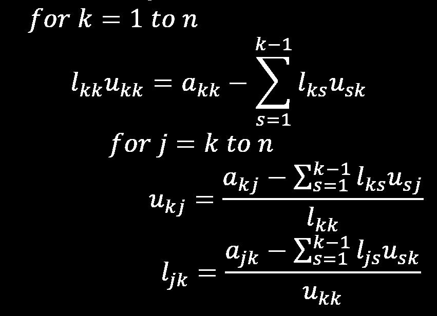 Rozkład LU Zakładając, że w k-tym kroku wyznaczono już k-1 wierszy macierzy U i k-1 kolumn macierzy L, można zapisać: Przyjmując jedną z wartości l kk lub u kk można z wcześniejszego równania