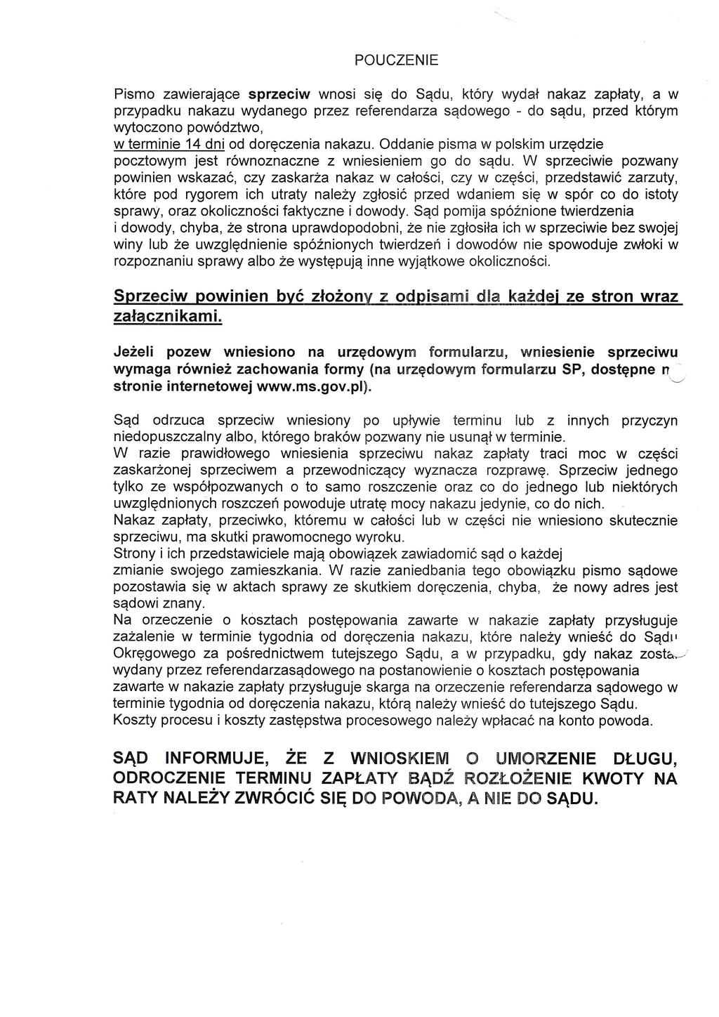 POUCZENIE Pismo zawierajace sprzeciw wnosi sie do Sadu, ktory wyda!
