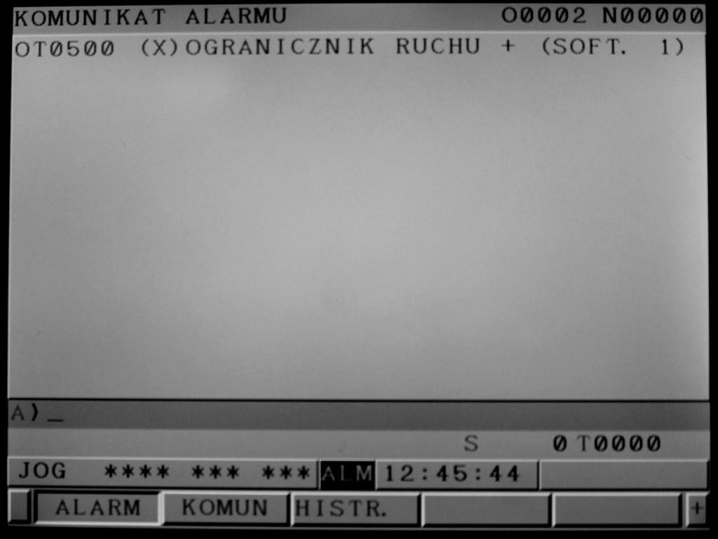 Zadanie 37. Wyświetlenie komunikatu OT0500 (X) OGRANICZNIK RUCHU + (SOFT. 1) (przykład na ekranie) dotyczy ustawiania ruchu narzędzia. ograniczenia ruchu wrzeciona.