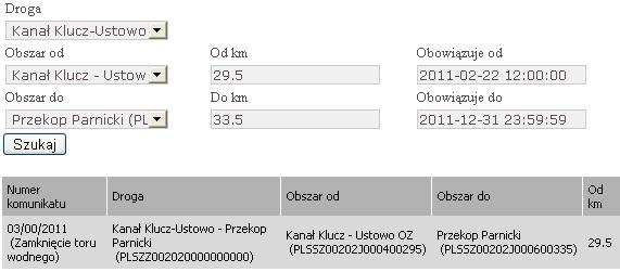 4: Przykładowe kryteria wyszukiwania komunikatów NTS oraz znalezione rekordy w Demonstratorze Usługi NTS dla Systemu RIS na Odrze Internetowy