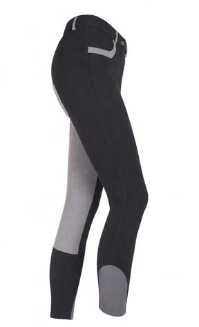 Classical breeches with full seat made of strong Clarino synthetic leather. Front pocket with zipper. Elastic pant-leg bottoms.
