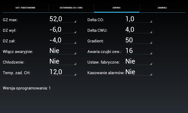 > Tryb > Ustawienia CO Możliwe ustawienia: CO / CO+CWU / CO+CH / CO+CWU+CH Temp.
