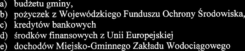 a) budzetu gminy, b) poiyczek z Wojew6dzkiego Funduszu Ochrony ~rodowiska, c) kredyt6w bankowych d) Srodk6w finansowych z Unii Europejskiej e) dochod6w Miejsko-Gminnego Zakladu Wodociqgowego 7.