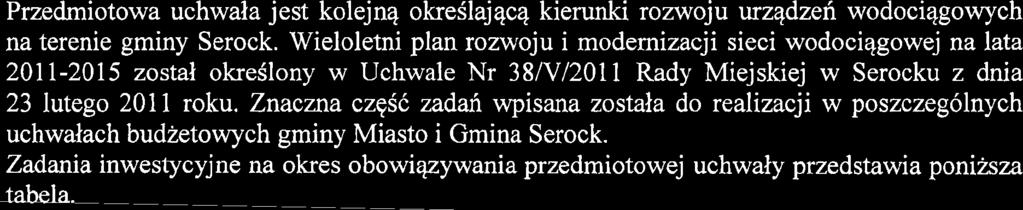 Wieloletni plan rozwoju i modernizacji sieci wodociqgowej na lata 201 1-2015 zostal okreilony w Uchwale Nr 38lVl2011 Rady Miejskiej w Serocku z dnia 23 lutego 201 1 roku.