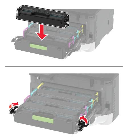 Konserwacja drukarki 71 5 Włóż nowy wkład drukujący. 6 Wsuń tacę na wkład drukujący, a następnie zamknij drzwiczki.