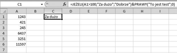 Rozdział 1. Jak sprawnie posługiwać się formułami Rzuć okiem na rysunek. Zastosowaliśmy tutaj formułę, która zwróci wartość tekstową w zależności od tego, czy liczba w komórce B1 jest większa od 50.