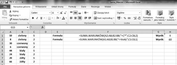 Przykładowa tabela Jaką formułę zastosować, jeżeli potrzebujesz zsumować całkowitą liczbę form w kolorze czerwonym, sprzedanych przez sprzedawcę nr 2? Odpowiedź: =SUMA.