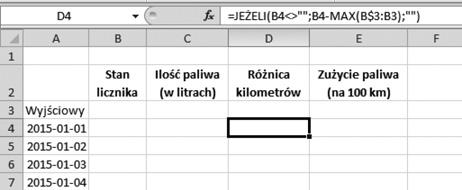 Rozdział 2. Obliczenia z użyciem formuł nie był wyświetlany w dniach, w których nie tankowano pojazdu, zastosowano test z wykorzystaniem funkcji JEŻELI. Rysunek 2.27.