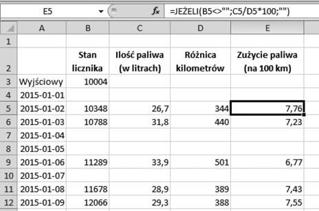Do komórki E4 wpisz następującą formułę: =JEŻELI(B4<> ;C4/D4*100; ) Formuła wylicza rzeczywiste zużycie paliwa na 100 km, ale tylko na dystansie pomiędzy poprzednim i aktualnym tankowaniem. 3.